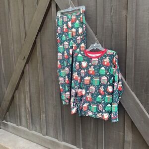 PJ Place Christmas Pajama Set M Green Santa‎ Cocoa 100% Cotton Holiday Lounge